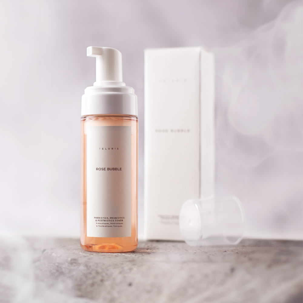 Teluris Rose Bubble Toner displayed with outer packaging, highlighting clean, calming skincare.